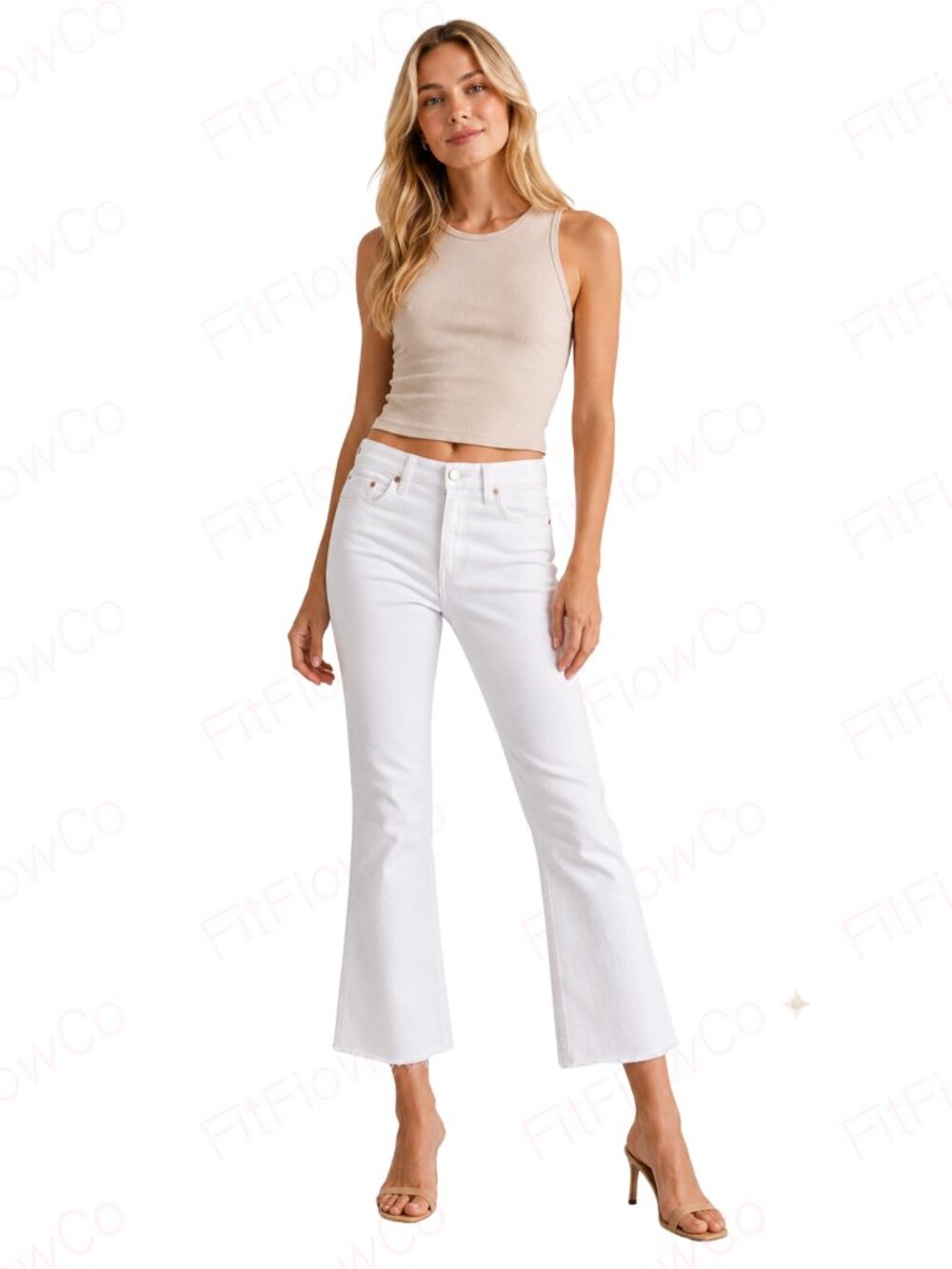 ZARA Off White High Rise Cropped Kick Flare Jeans Size 8 Raw Hem